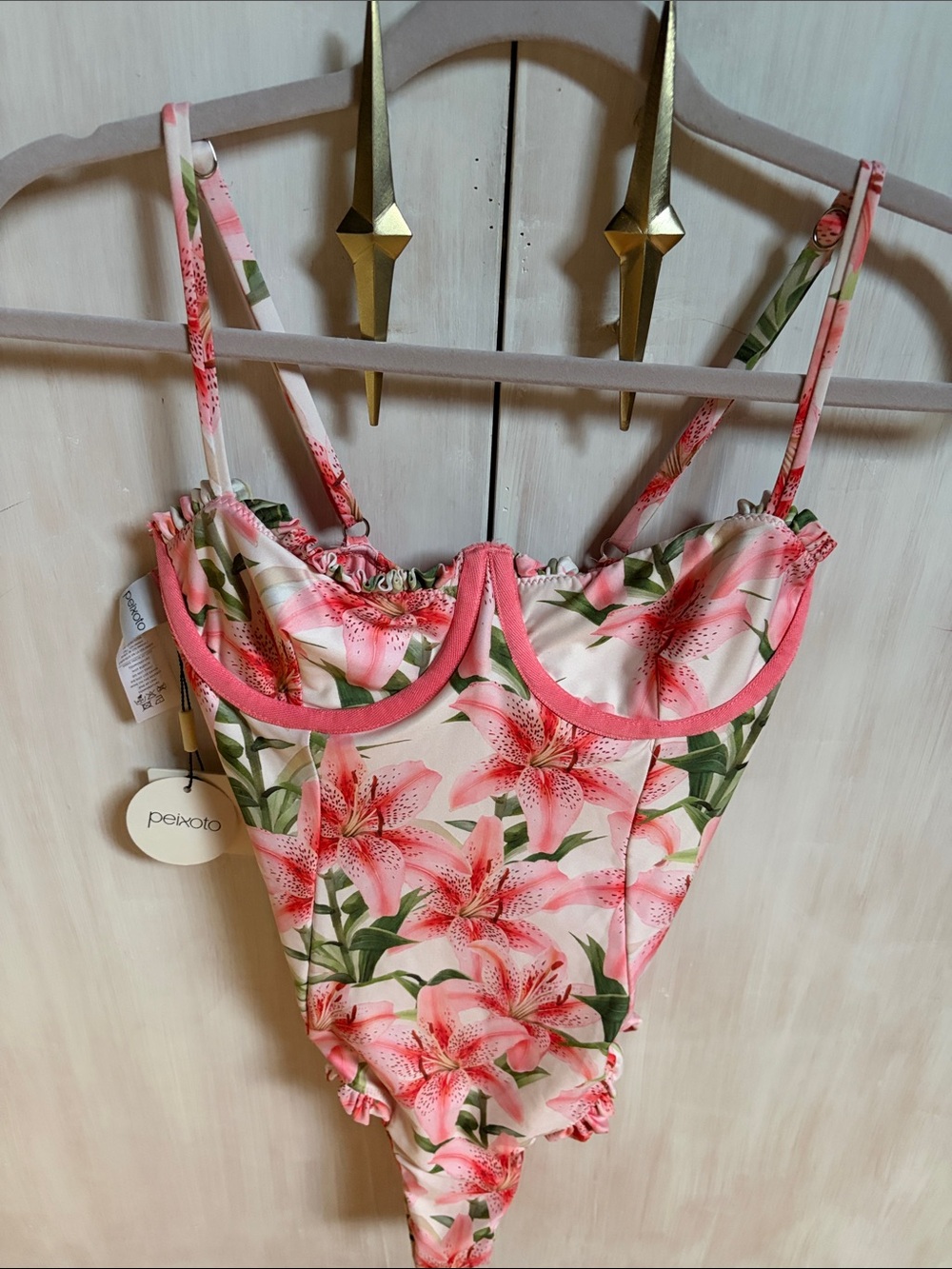 Peixoto Pink Floral One-Piece Swimsuit with Green Leaf Accents